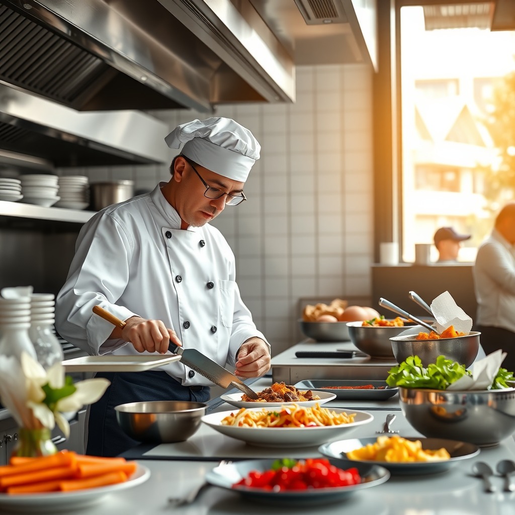 Photo-realistic editorial photography, realistic scene representing a chef preparing food in modern restaurant kitchen, natural light, sharp focus