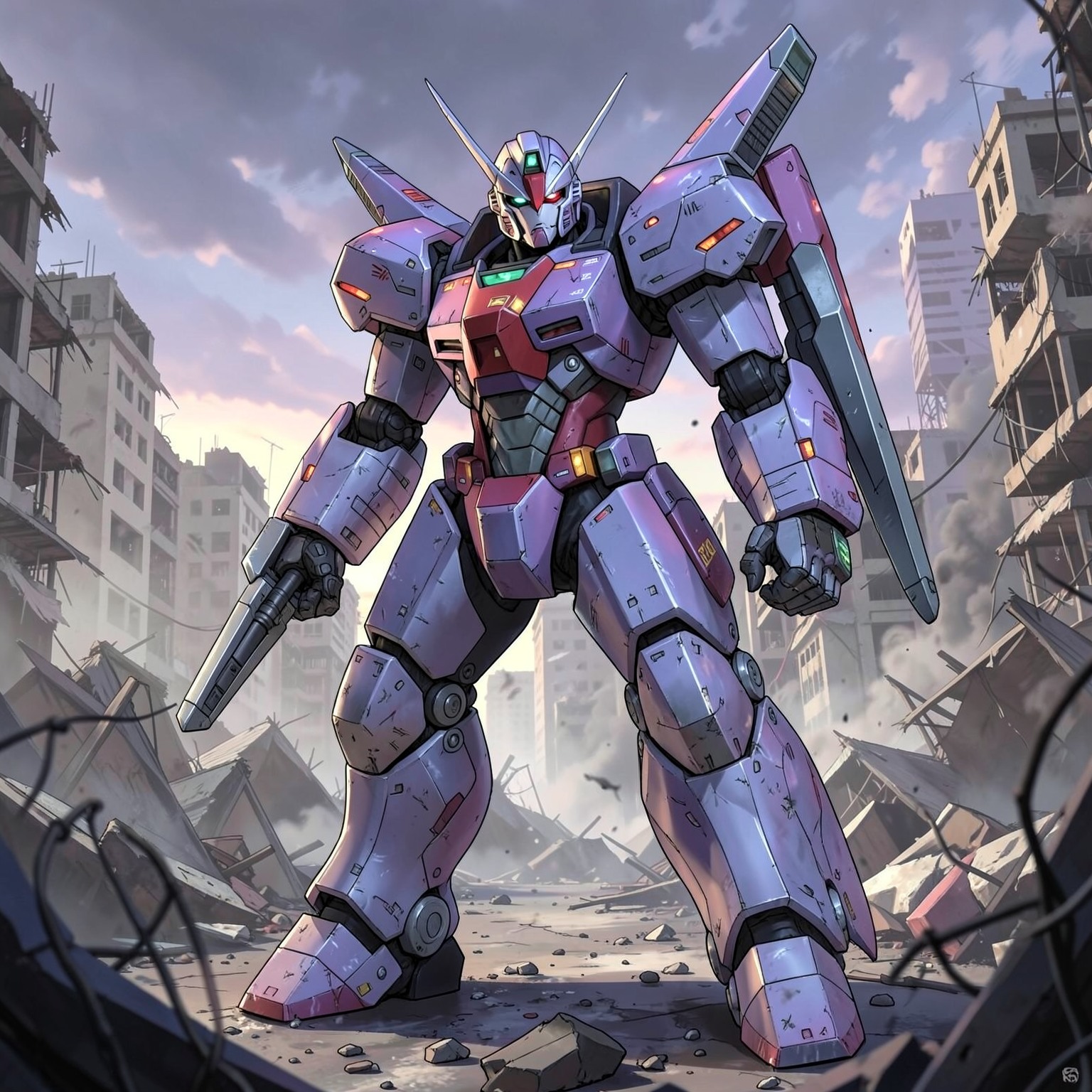 anime mecha warrior in destroyed city, ultra detailed armor