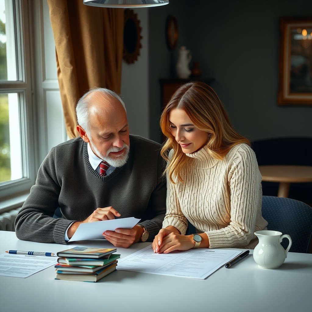 Photo-realistic editorial photography, realistic scene representing a couple sitting at table planning monthly expenses