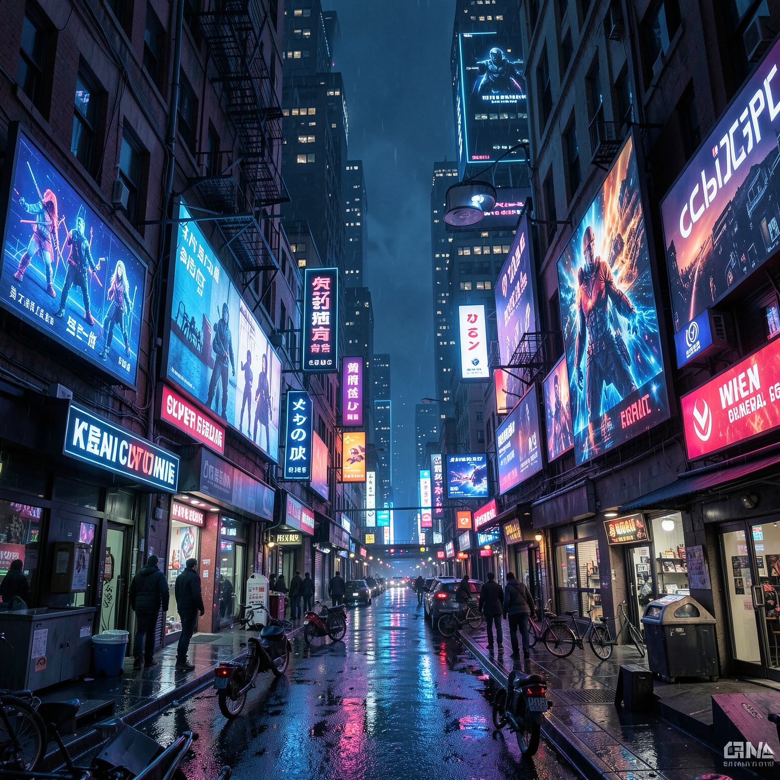 Cyberpunk street with holographic advertisements