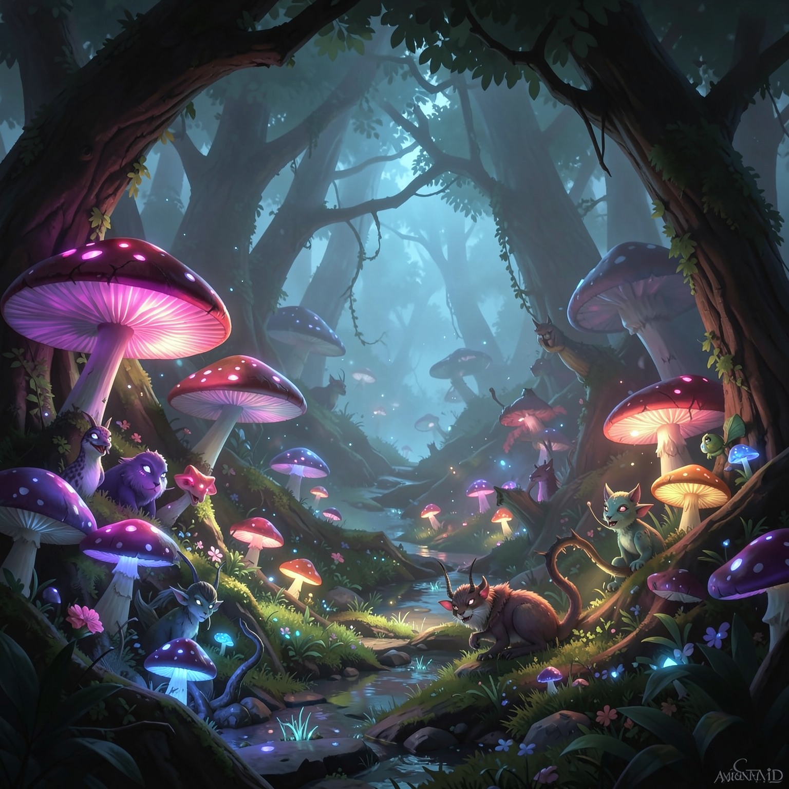 magical forest with glowing mushrooms and fantasy creatures