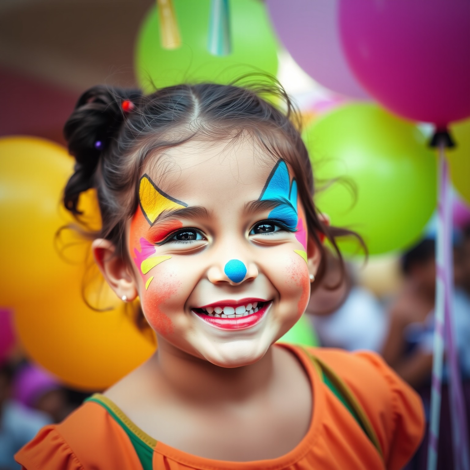 A young girl with colorful face paint smiling amidst bright balloons and festive decor.