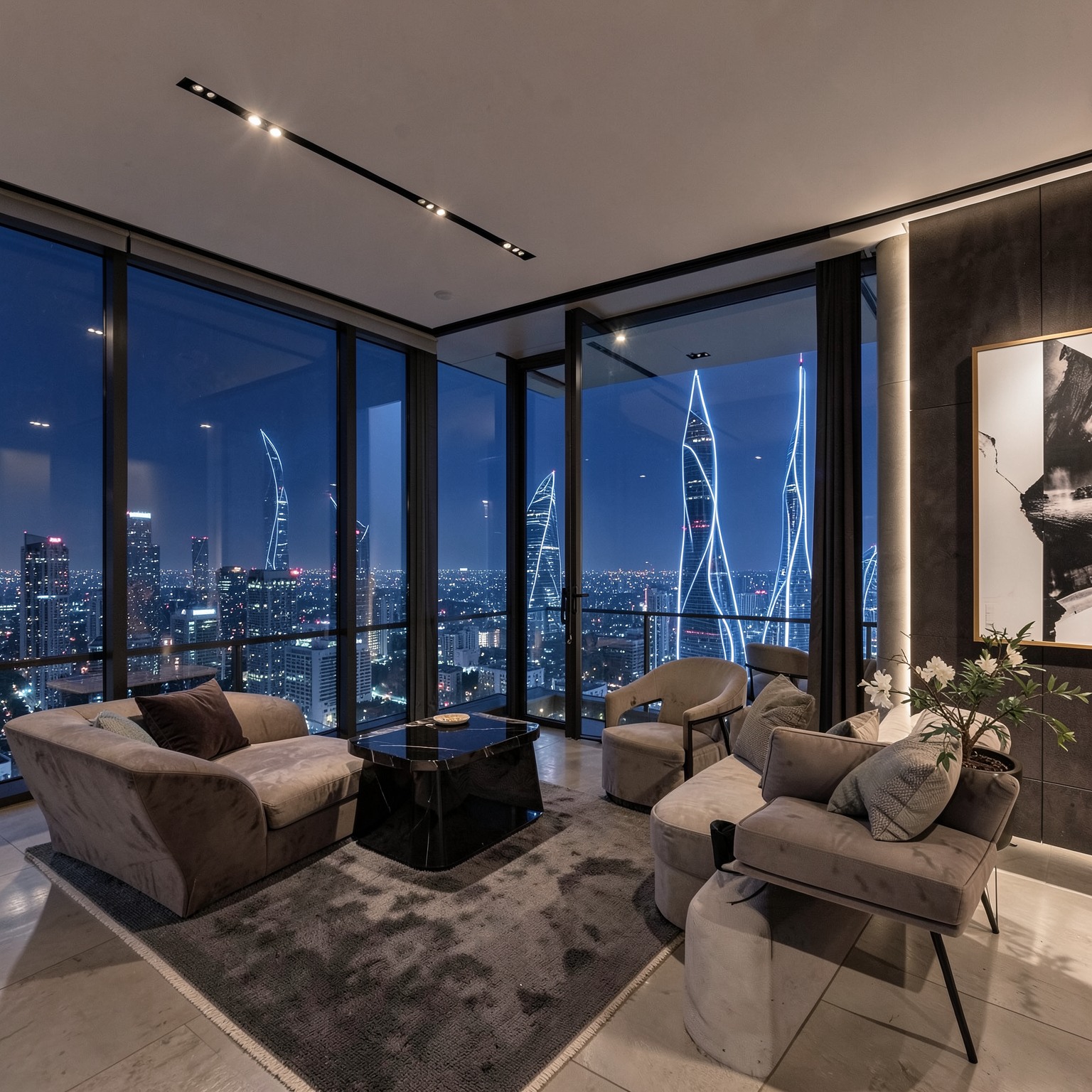 luxury penthouse interior overlooking futuristic skyline at night