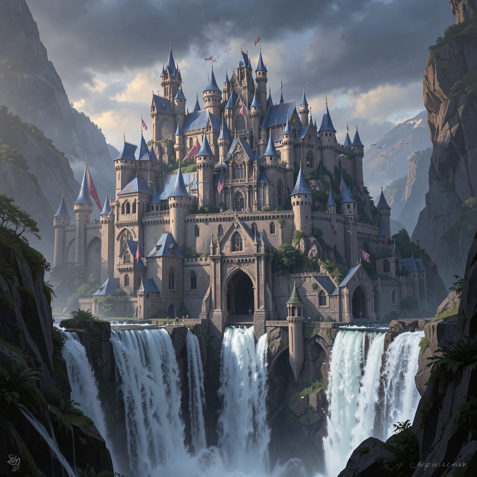 massive fantasy castle above waterfall, epic fantasy art