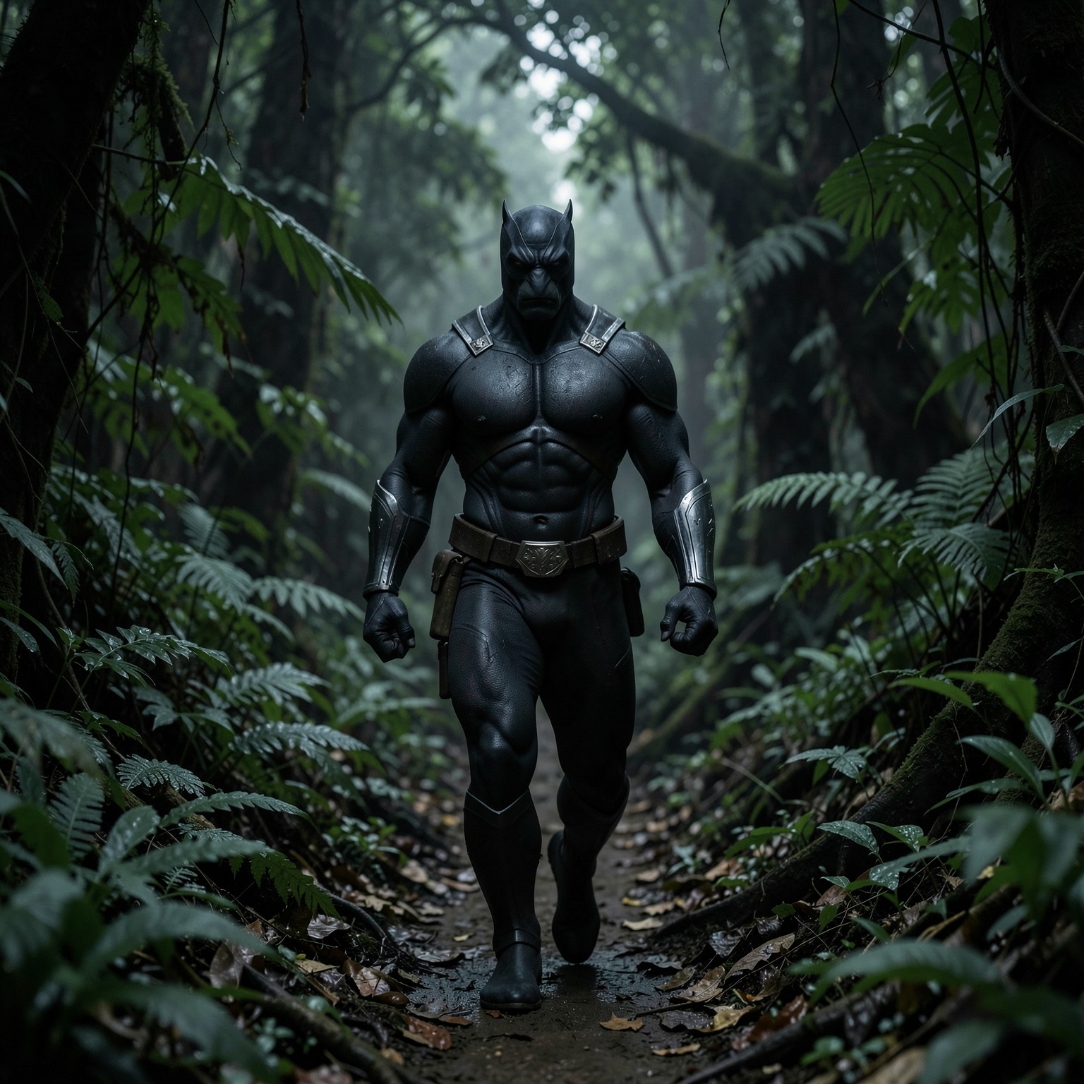 realistic black panther walking through dark jungle