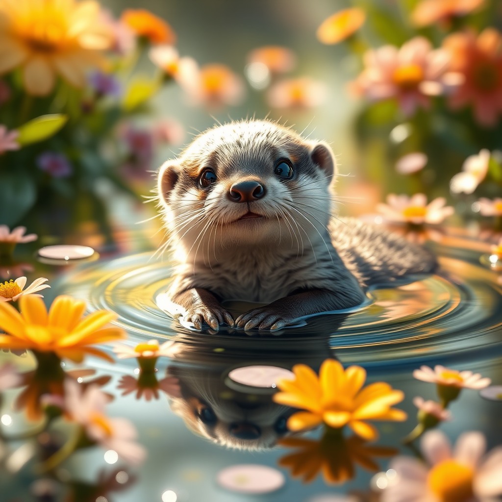 adorable baby otter floating on water surrounded by colorful flowers, soft sunlight, calm reflections, dreamy atmosphere, ultra detailed, cute cinematic look