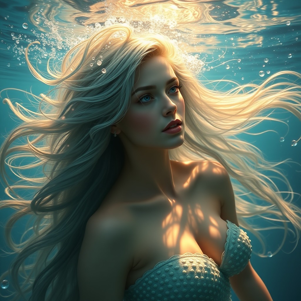 fantasy mermaid portrait underwater, flowing hair, magical lighting