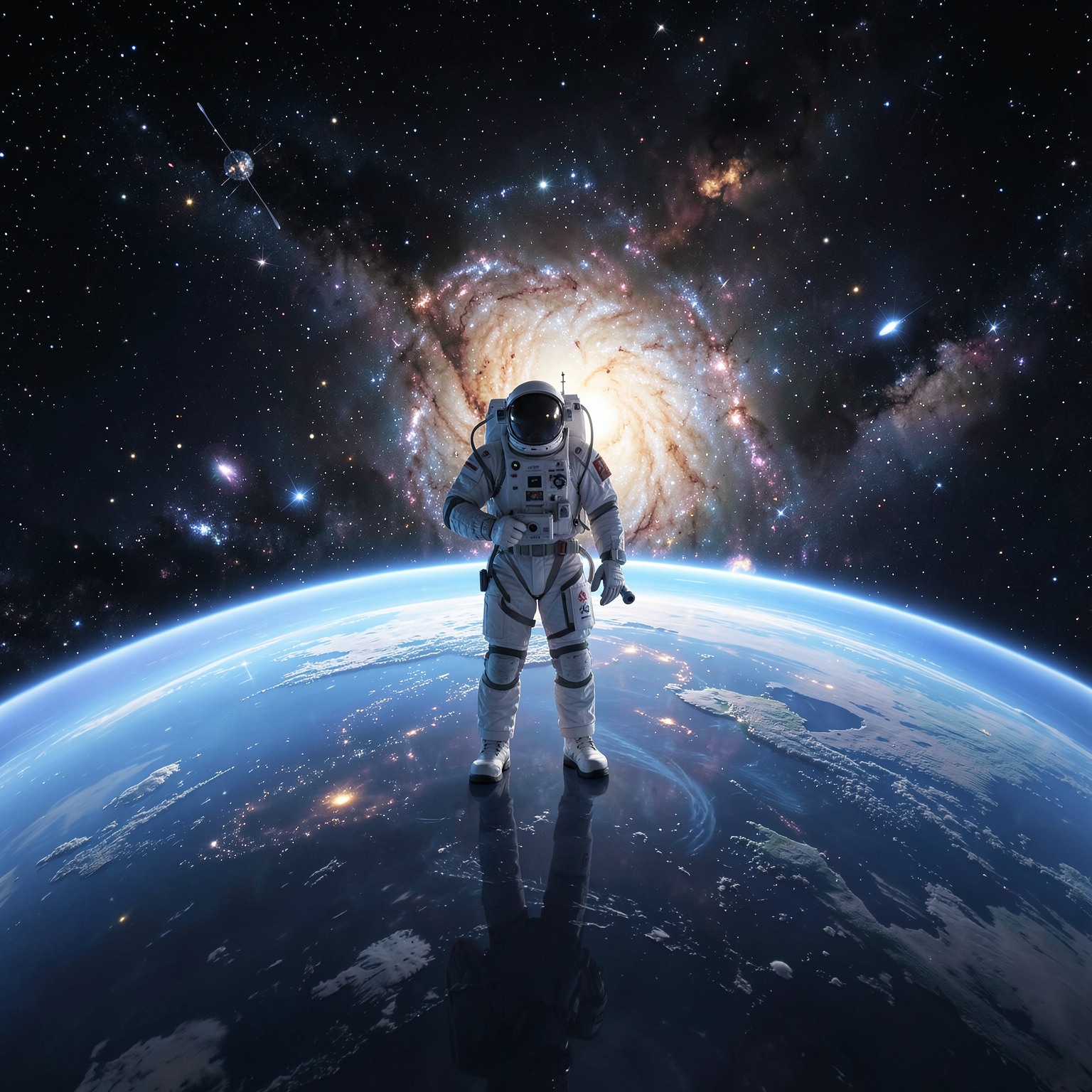 Space explorer standing on transparent planet surface above galaxy core