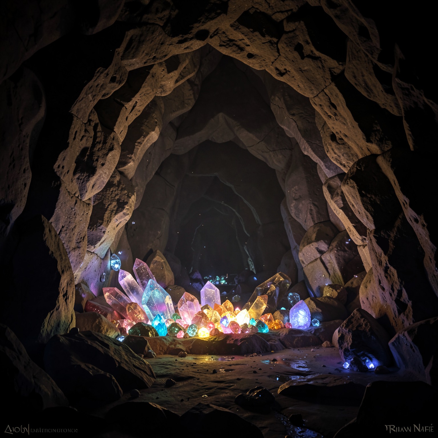 Ancient cave with glowing treasure crystals