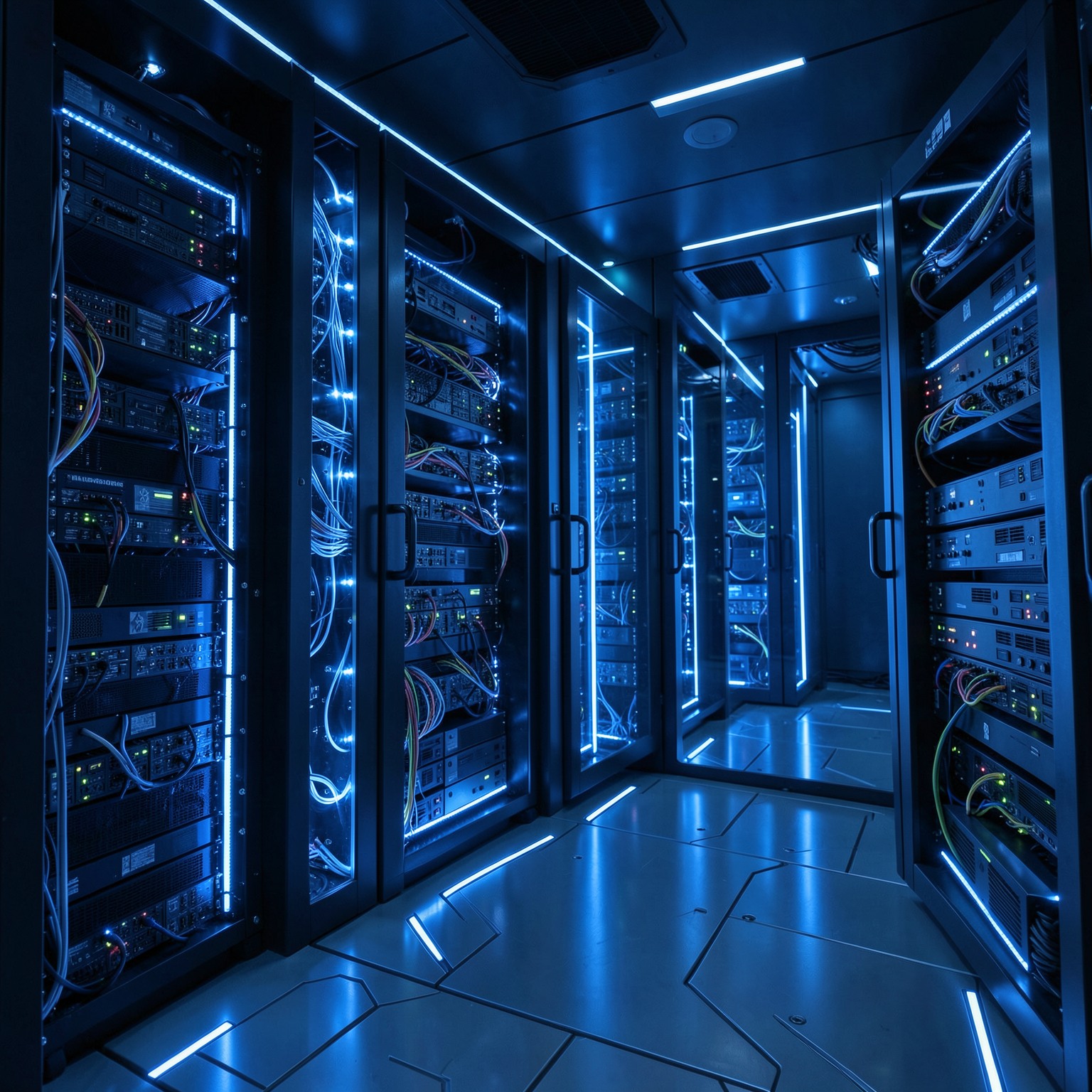 futuristic AI server room glowing with blue lights