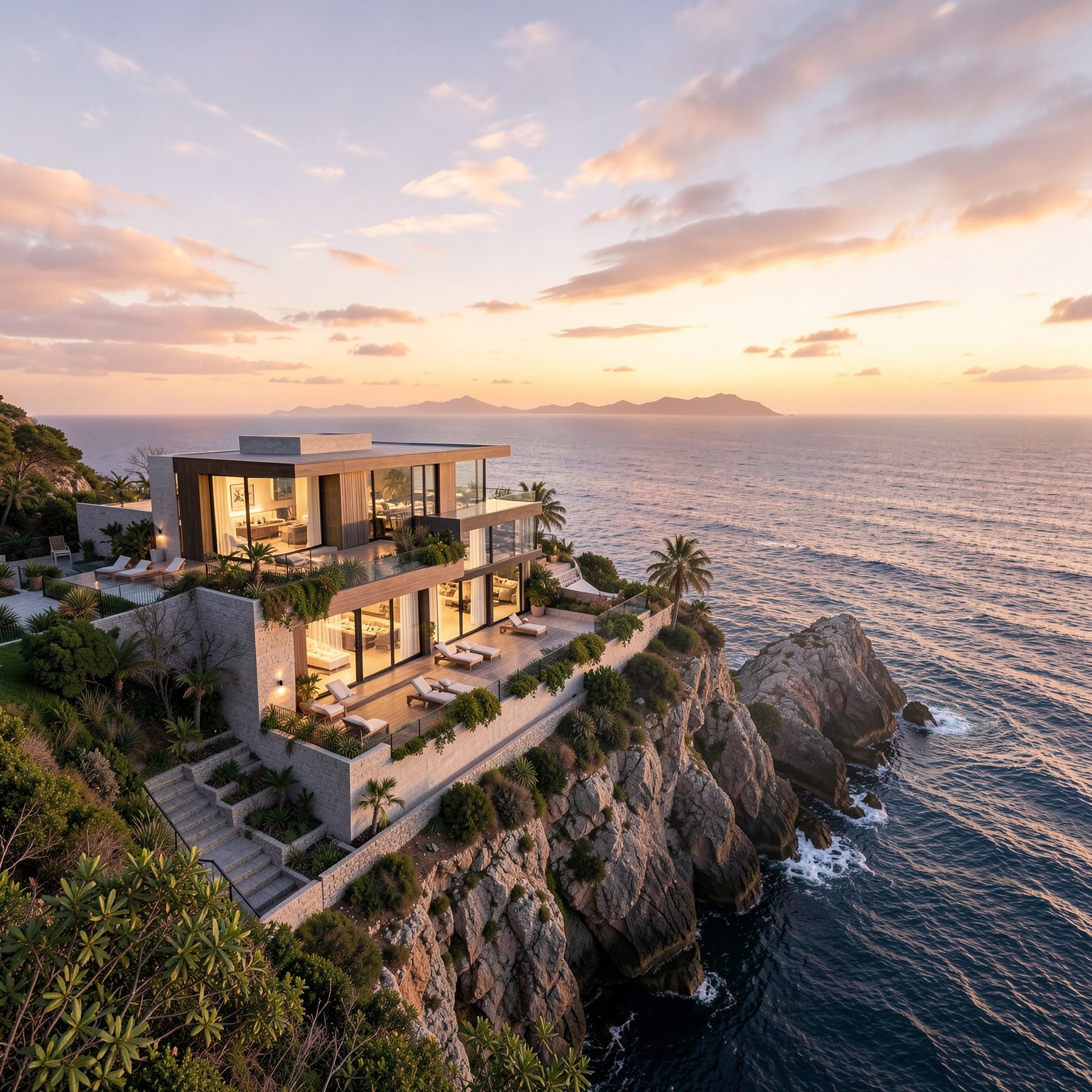 Luxury modern villa on a cliff above the ocean during sunset, architectural visualization, photorealistic