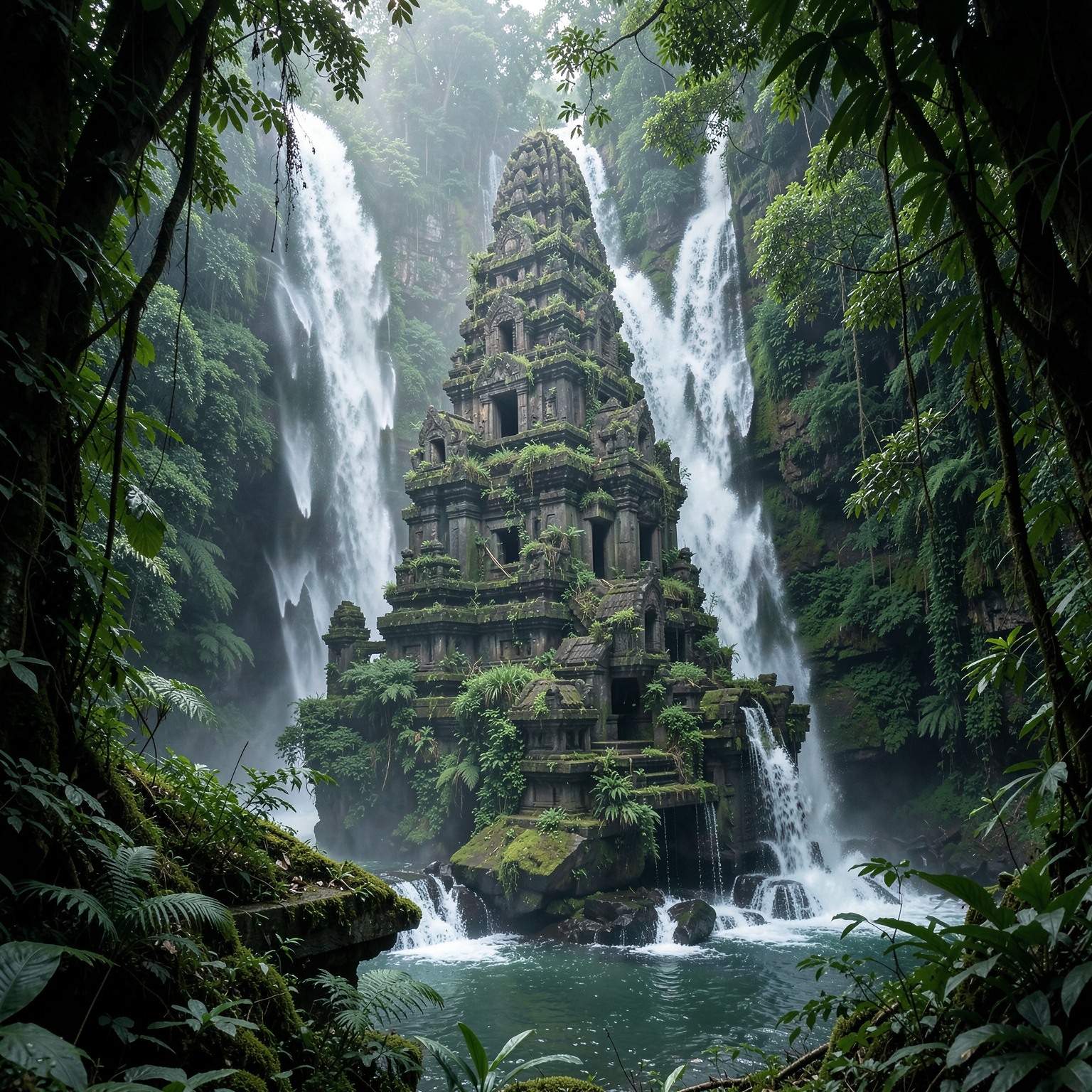 Ancient jungle temple hidden behind waterfalls