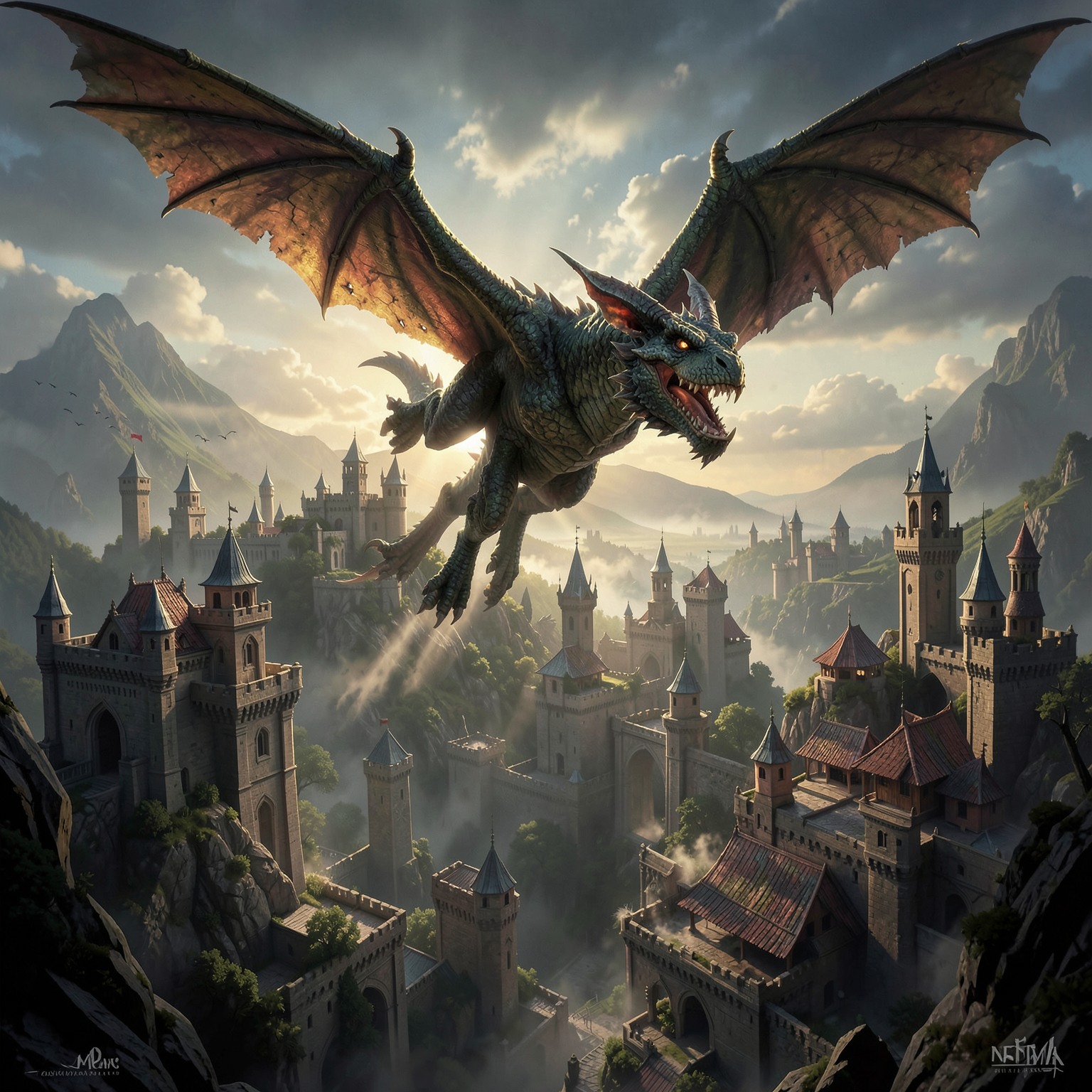 Fantasy dragon flying above ancient kingdom, cinematic epic scene