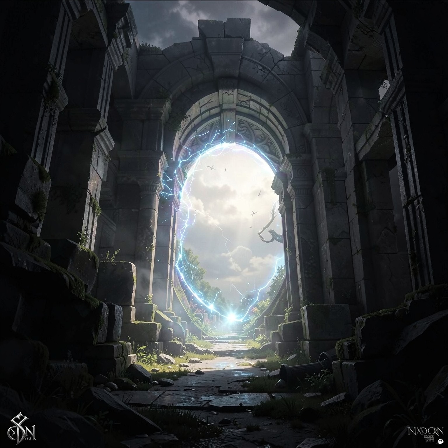 fantasy portal opening inside ancient ruins