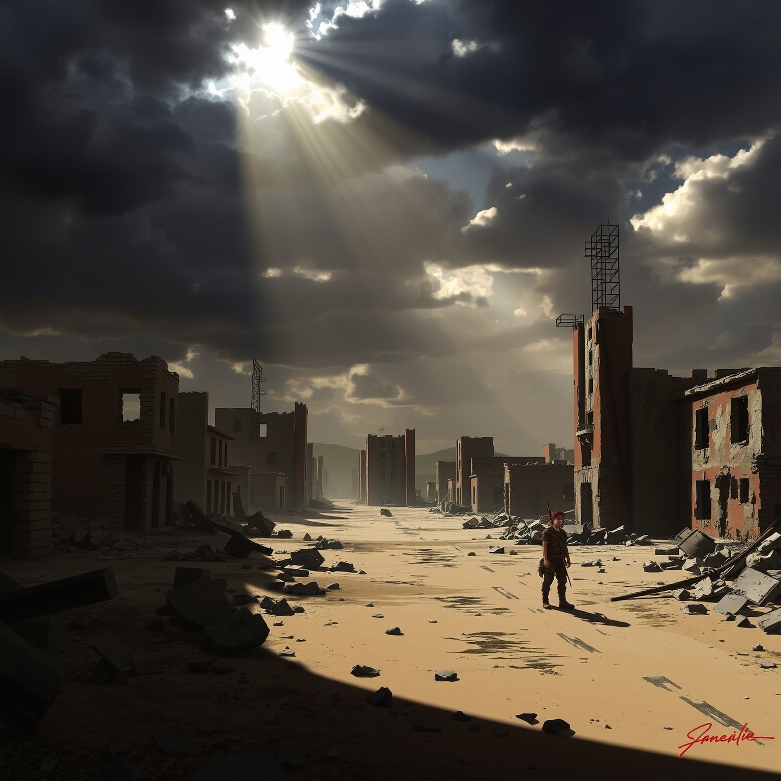 A post-apocalyptic wasteland with crumbling buildings and a lone survivor scavenging among the ruins, dramatic skies filled with dark clouds and rays of sunlight breaking through.