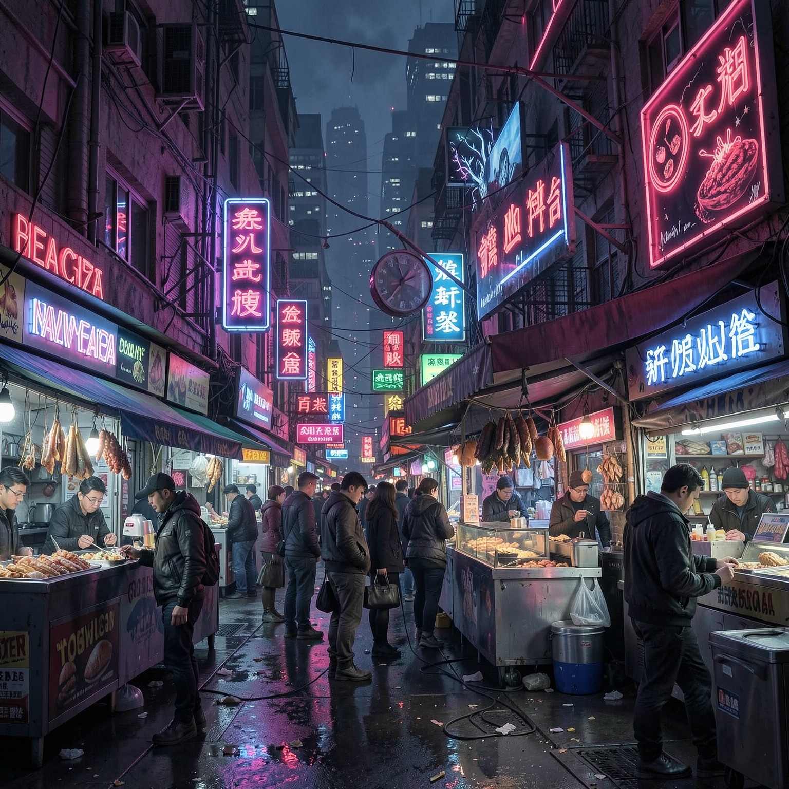 cyberpunk street food market with neon signs