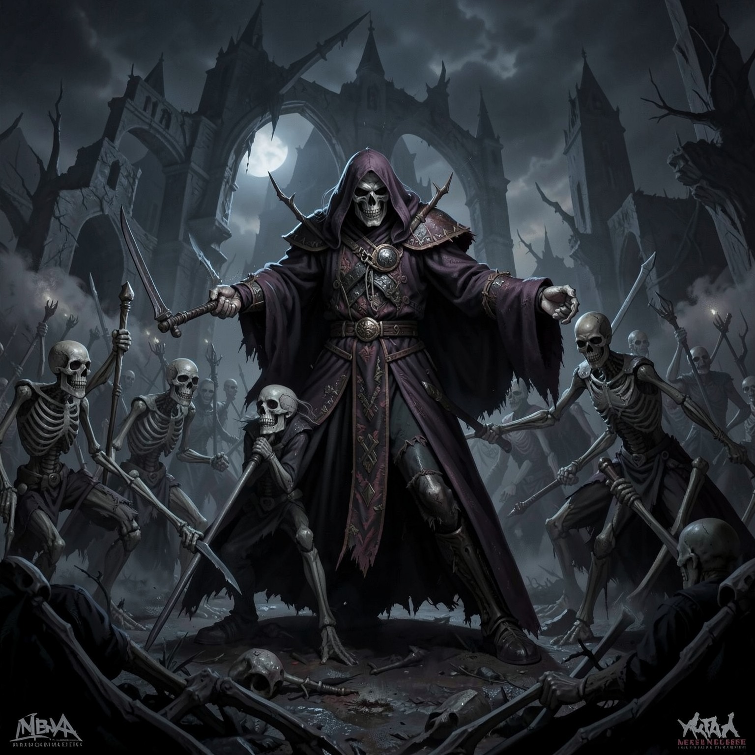 dark fantasy necromancer summoning skeleton army