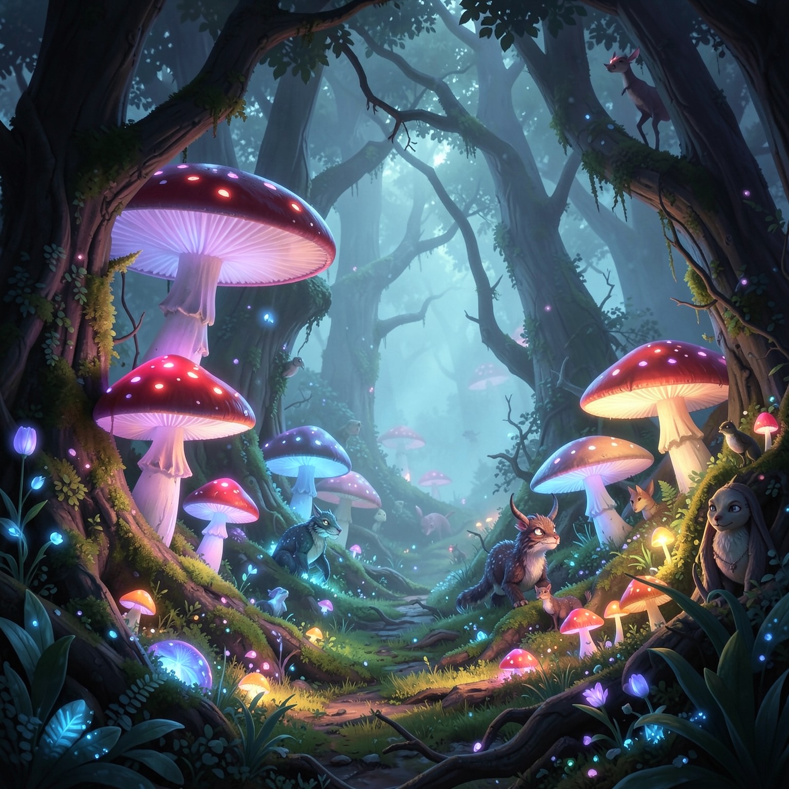 magical forest with glowing mushrooms and fantasy creatures