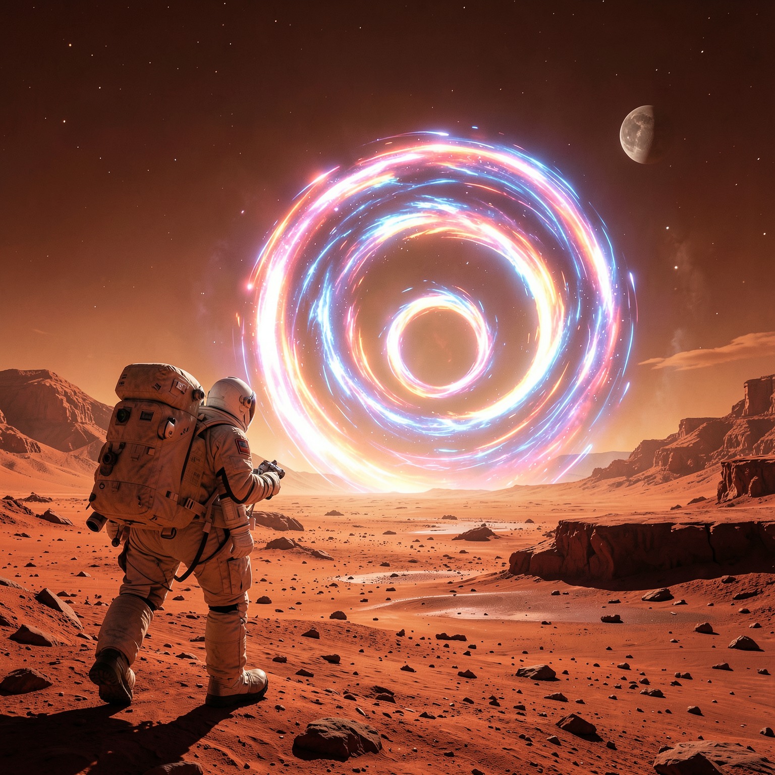 Astronaut discovering giant glowing portal on Mars