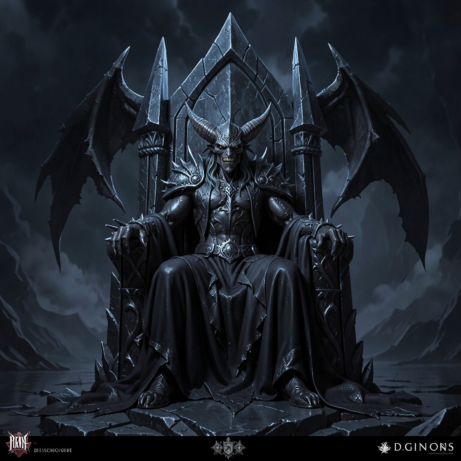 dark fantasy demon king sitting on obsidian throne