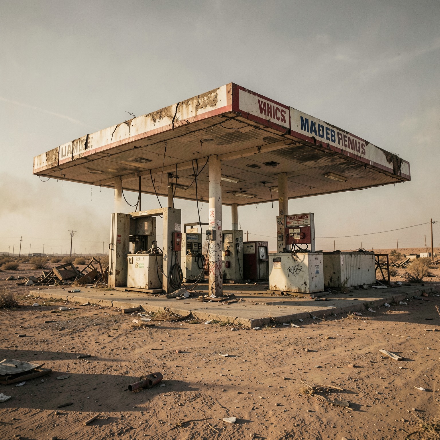 Post-apocalyptic gas station in desert, cinematic photography