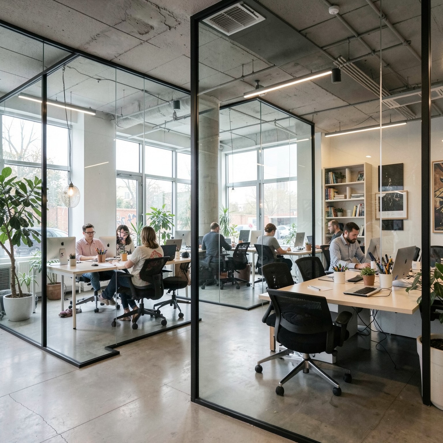 Modern startup office with glass walls and creative workspace atmosphere