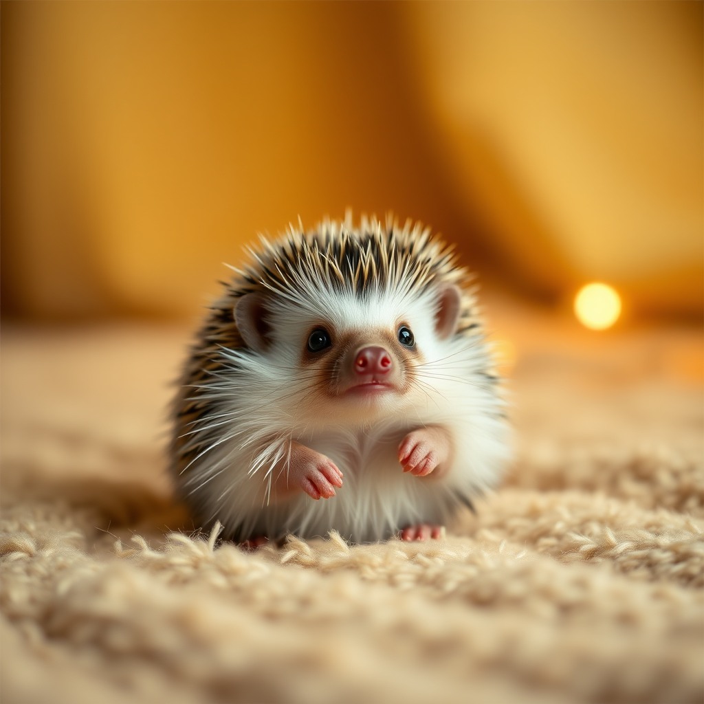 tiny hedgehog, cozy indoor light, high detail