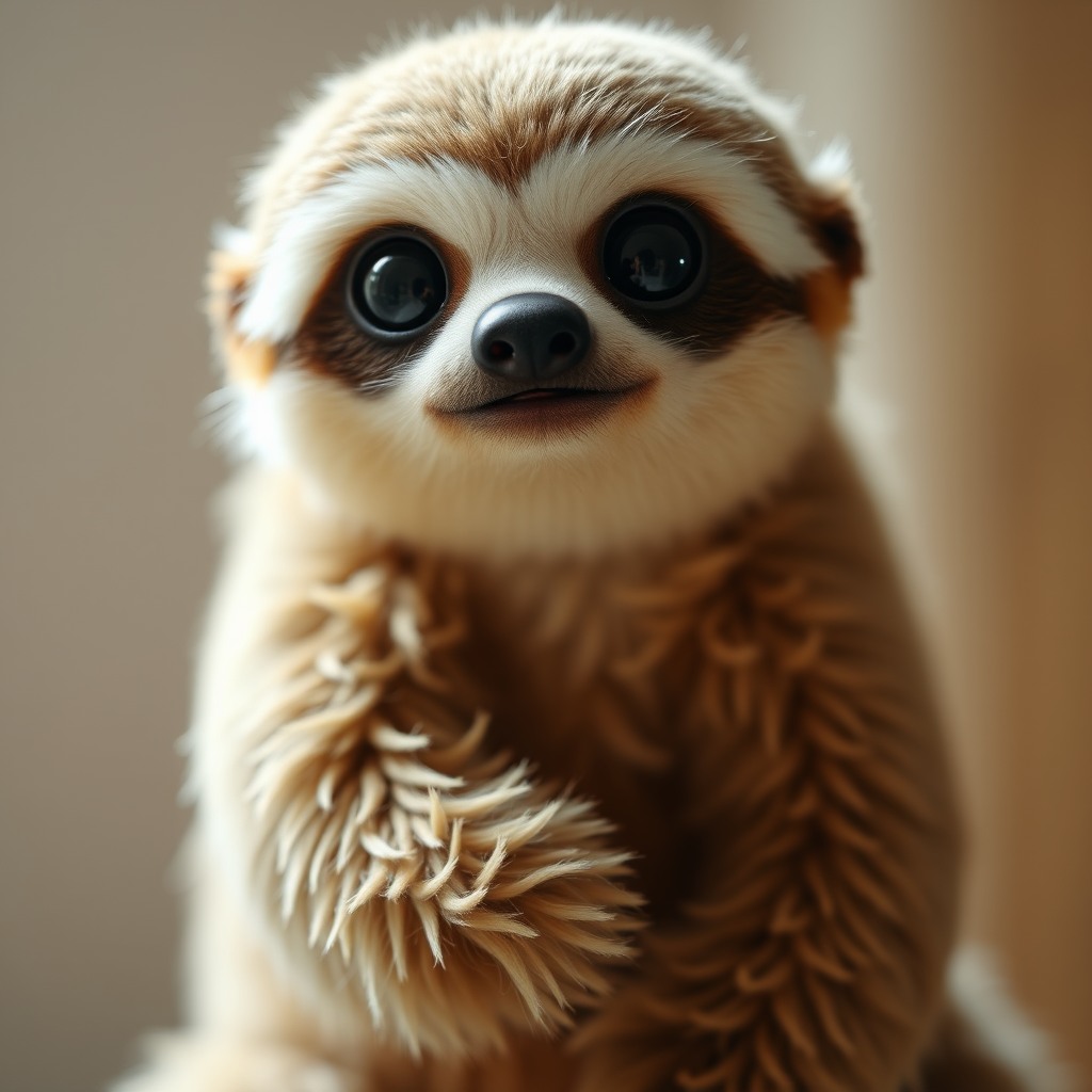 curious sloth, soft natural daylight, plush toy proportions