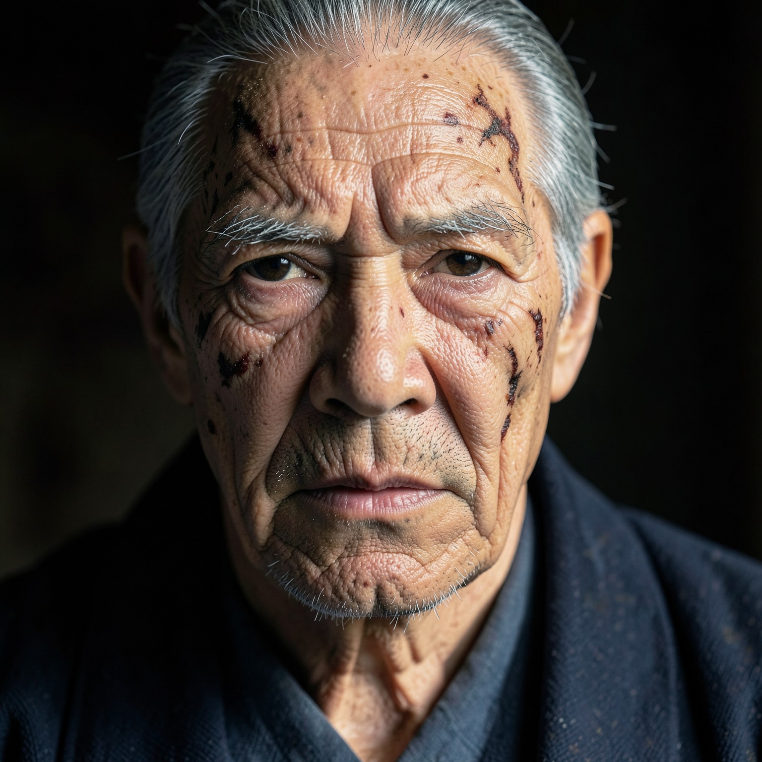 close-up portrait of elderly samurai with scars, detailed wrinkles, realistic eyes, cinematic shadows