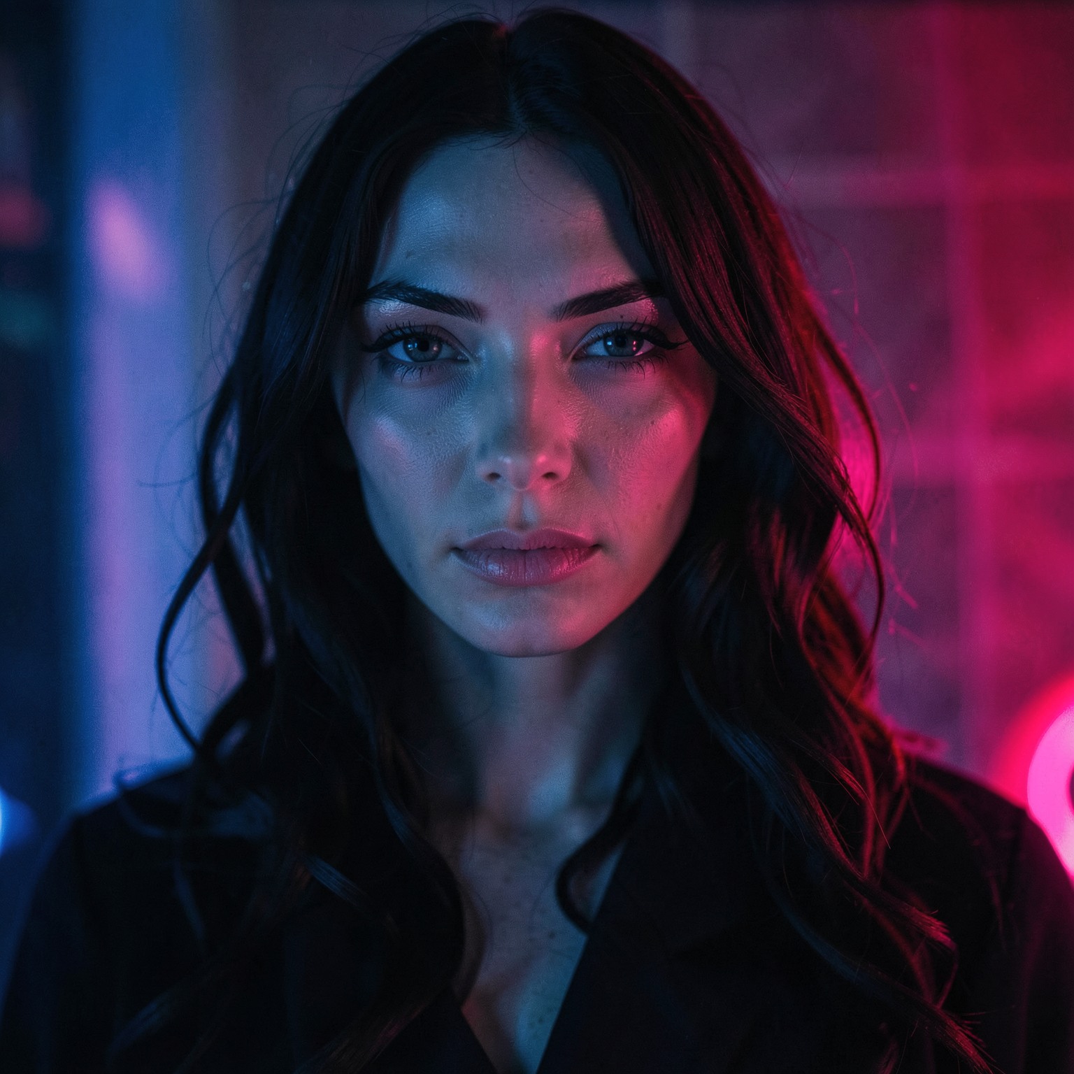 Cinematic close-up of mysterious brunette woman in neon reflections, fashion editorial photography, moody atmosphere