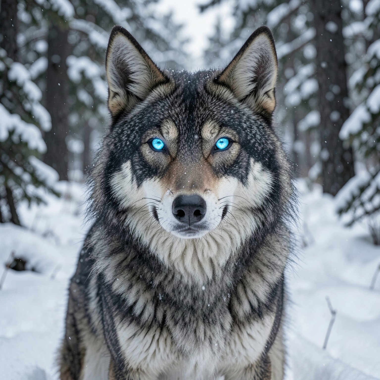 hyper realistic wolf with glowing blue eyes in snowy forest