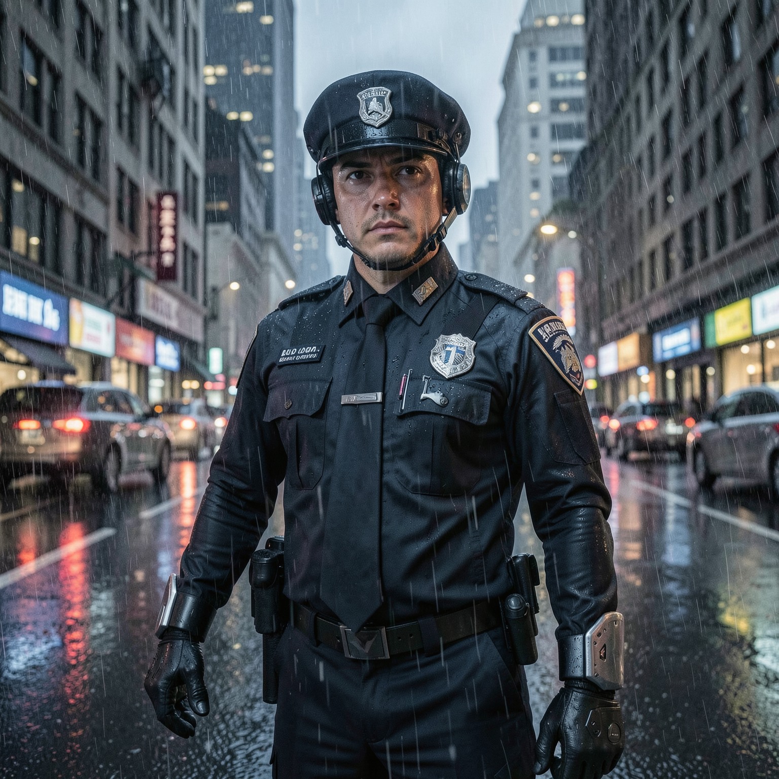 futuristic police officer in rainy megacity, ultra realistic