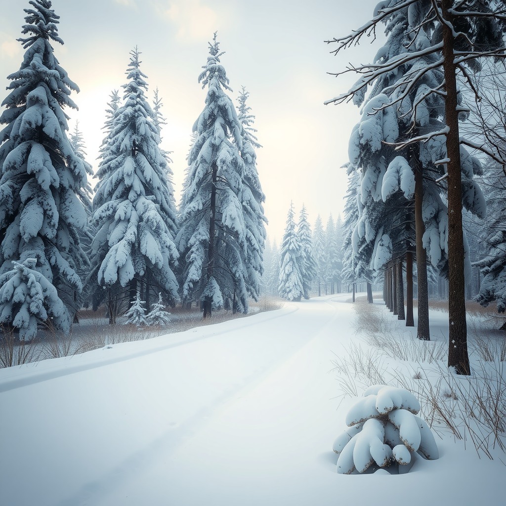 Realistic scene of a snow-covered forest under soft overcast sky, muted colors