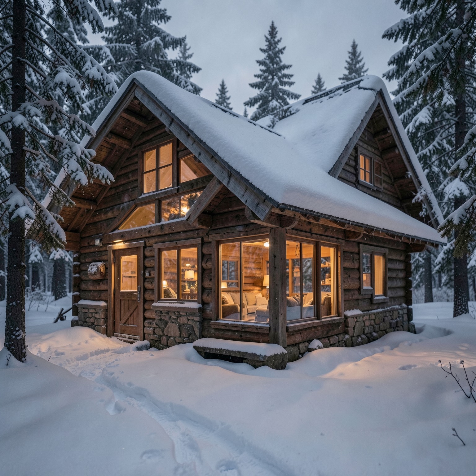 realistic cozy cabin in snowy forest, warm interior lights, cinematic winter atmosphere
