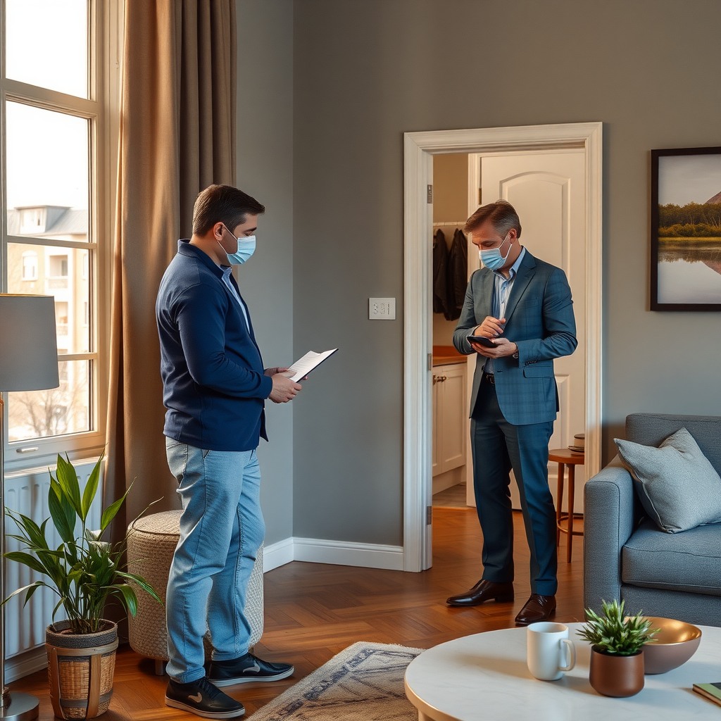 Photo-realistic editorial photography, realistic scene representing a home inspection professional checking apartment