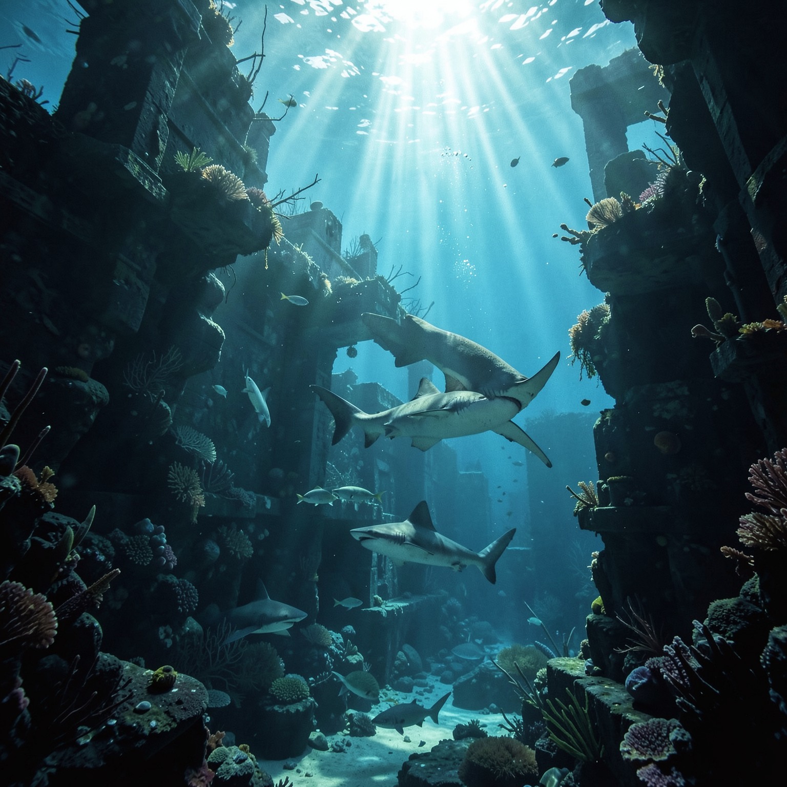 cinematic underwater ruins with sharks and sunlight rays