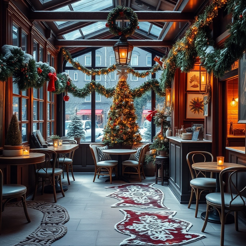 cozy christmas coffee shop, warm interior, festive decorations