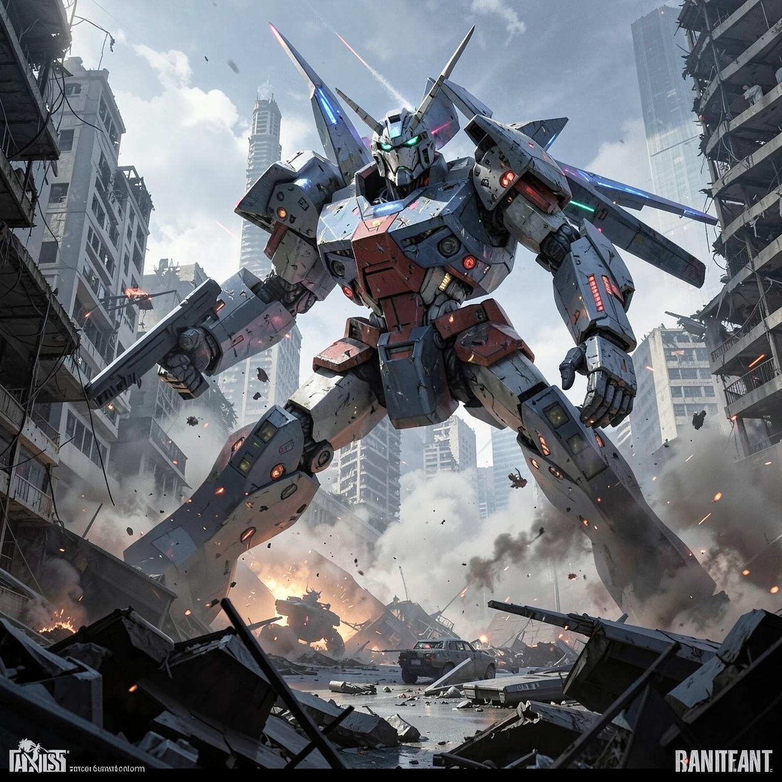 giant mecha battle in destroyed futuristic city