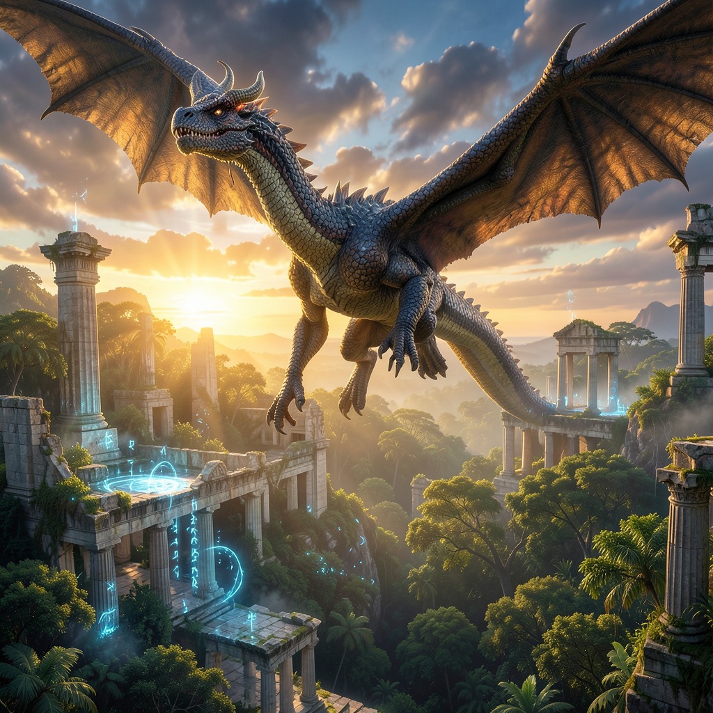 An epic fantasy scene of a majestic dragon flying above ancient ruins, sunrise lighting, detailed scales, mystical glowing runes, lush forest below, cinematic lighting, ultra-realistic shadows, vibrant colors, concept art, 8k HDR style, dramatic clouds.