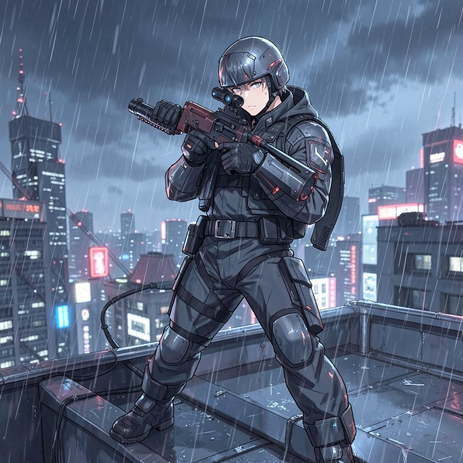 anime cyberpunk sniper on rooftop during rain