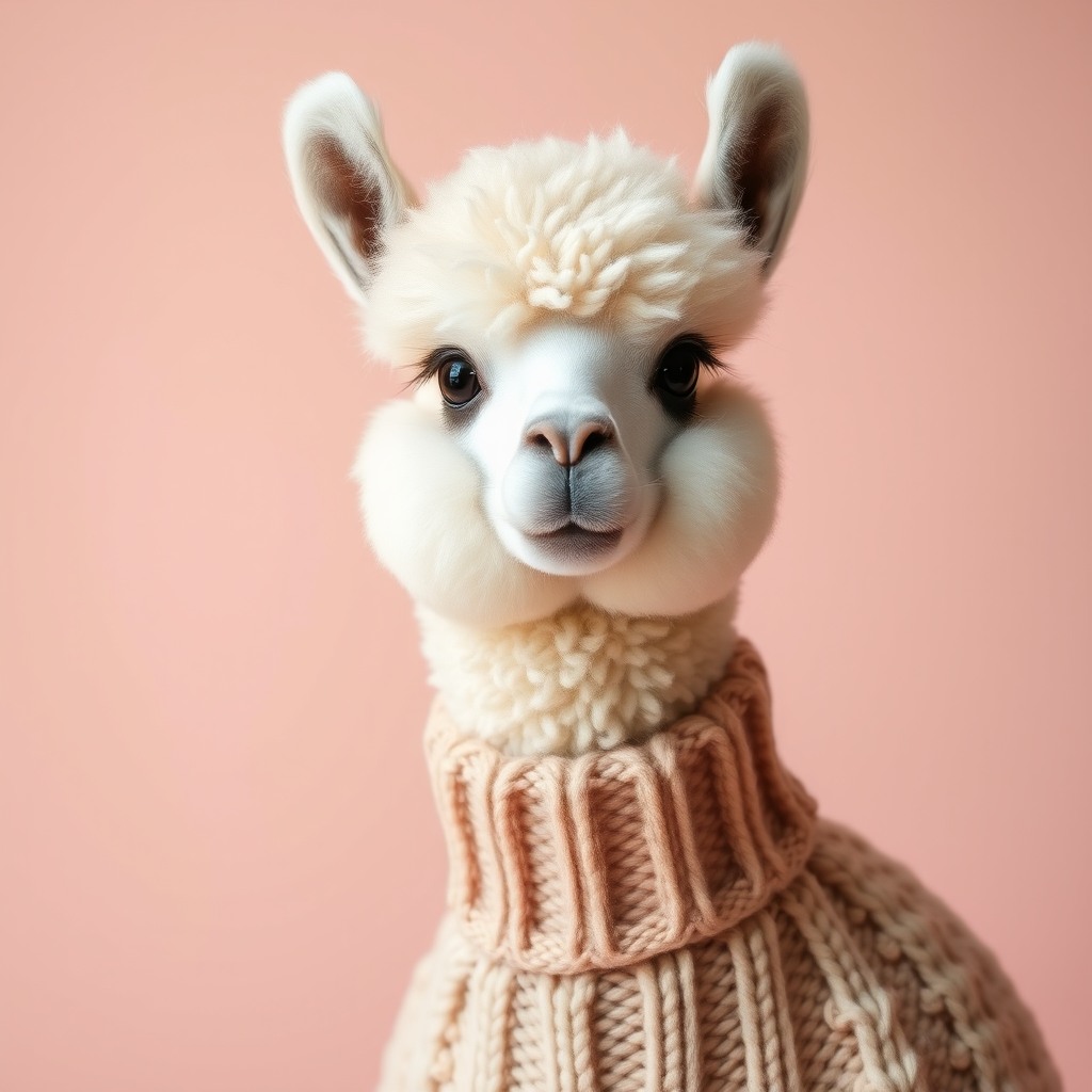 fluffy cute alpaca wearing a knitted sweater, pastel background, soft studio lighting, ultra clean details, cozy aesthetic