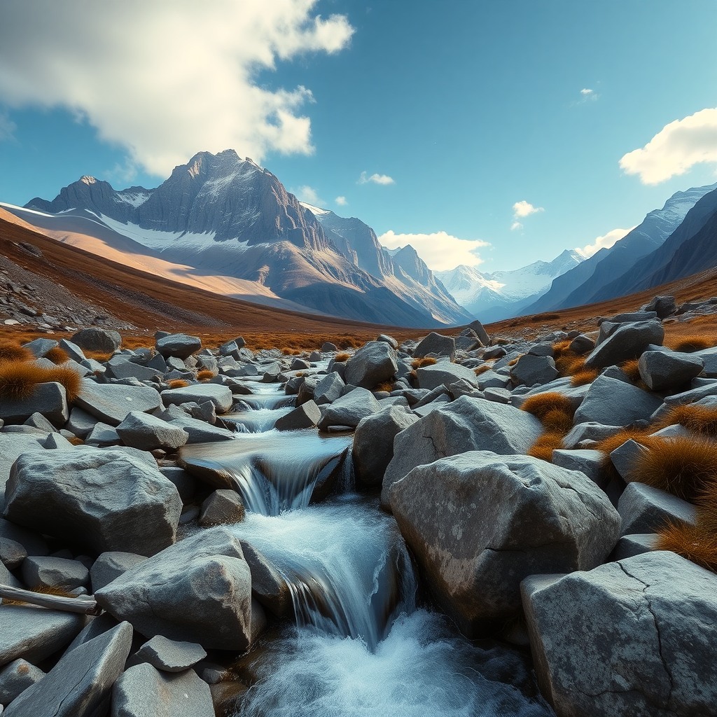 Photo-realistic editorial photography, realistic scene representing mountain stream