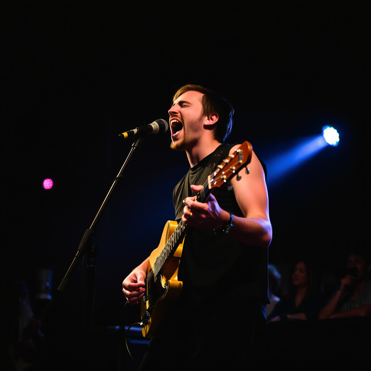 Portrait of a musician passionately playing an instrument on a dim stage