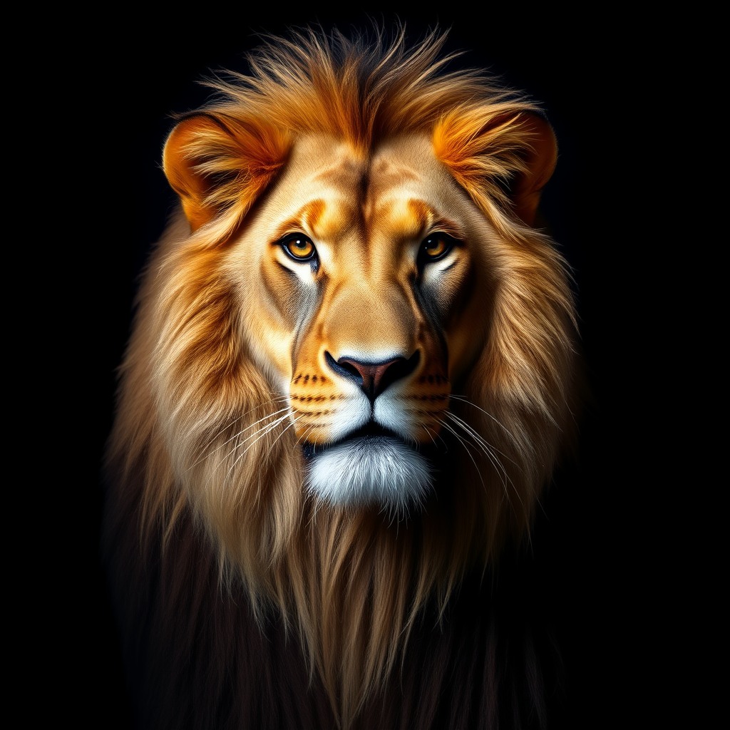 majestic lion portrait, ultra detailed fur, intense gaze, dark background, studio lighting