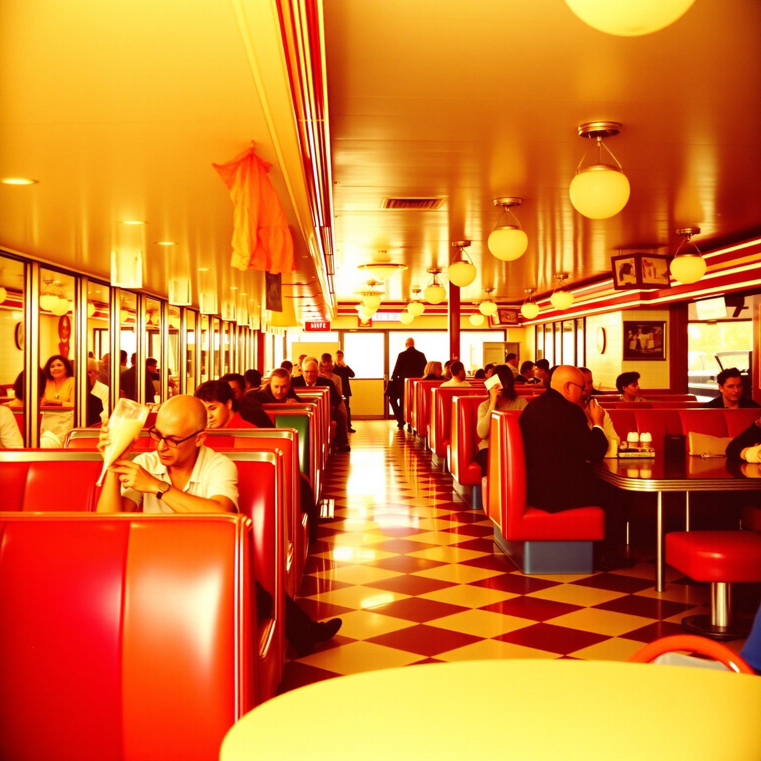A retro 1950s diner filled with colorful booths and patrons enjoying milkshakes.
