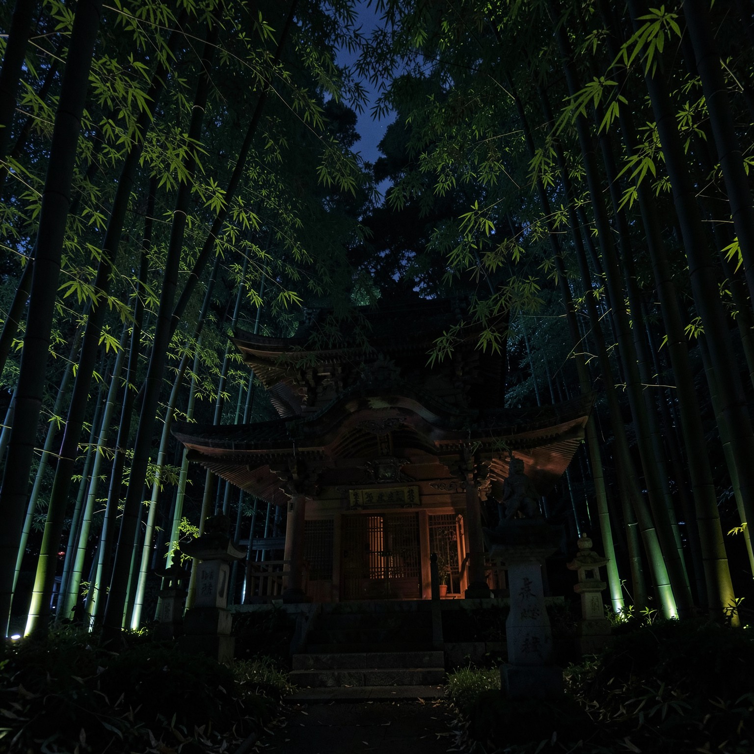 Japanese shrine hidden deep inside glowing bamboo forest at night