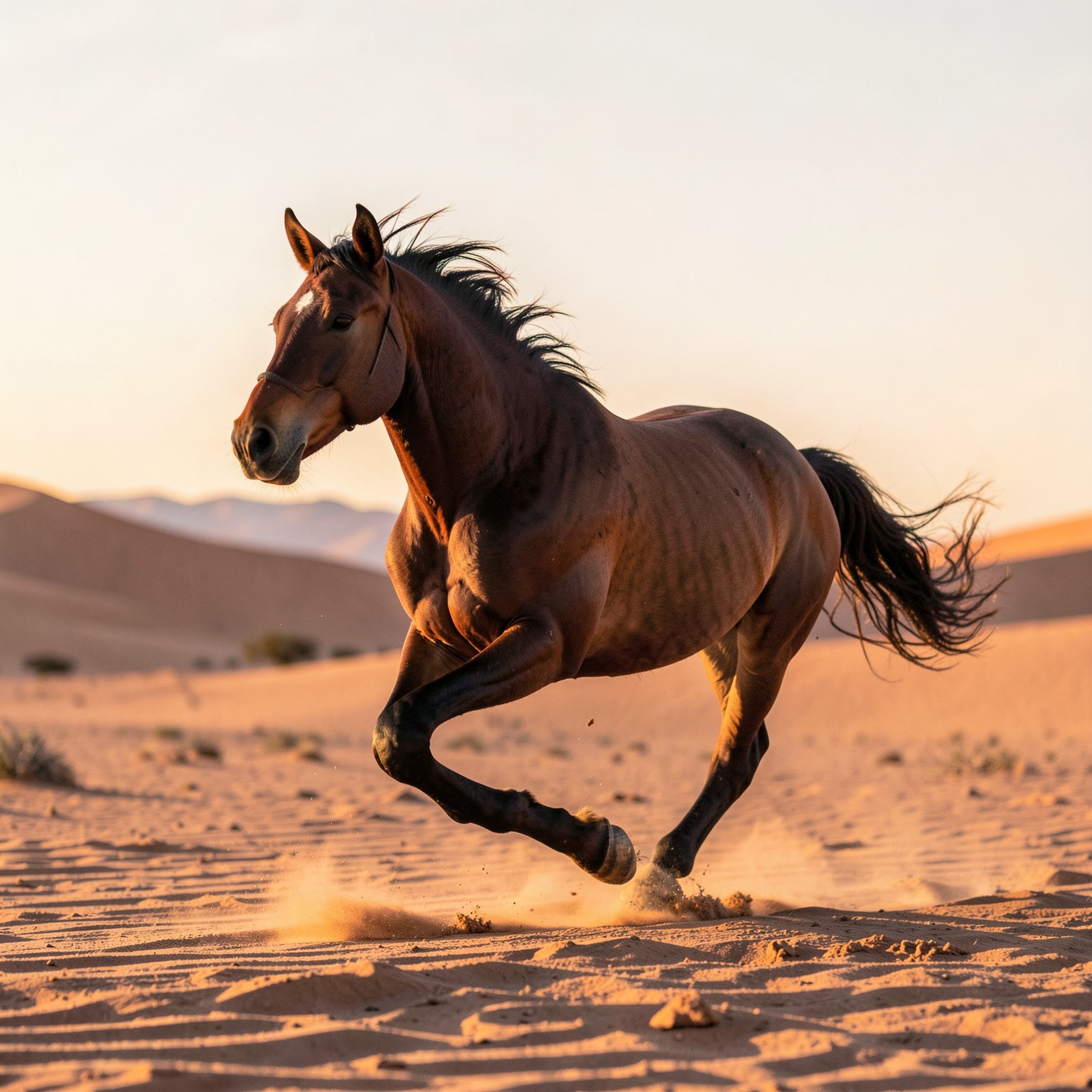 realistic horse running across desert during golden hour