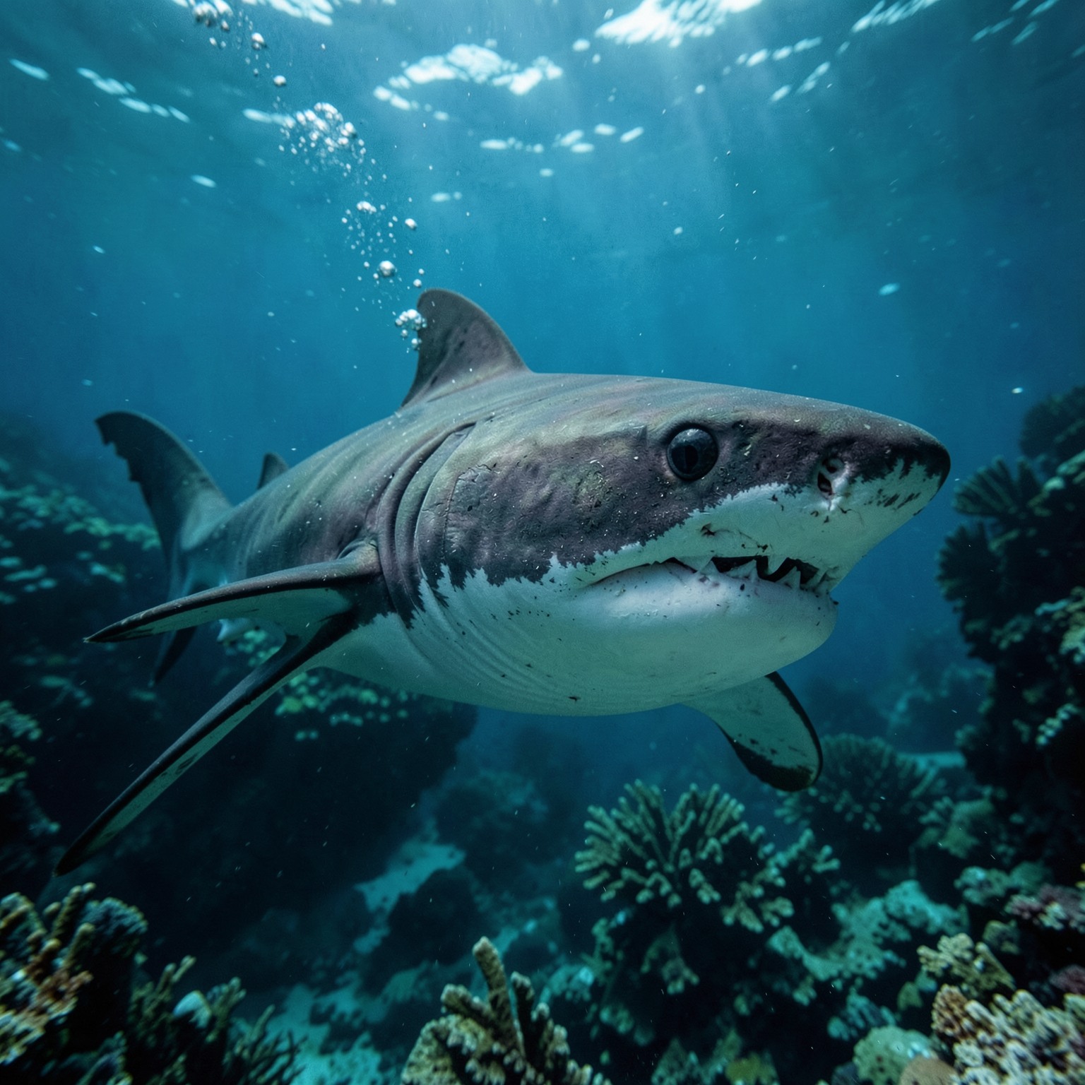 realistic shark underwater cinematic photography