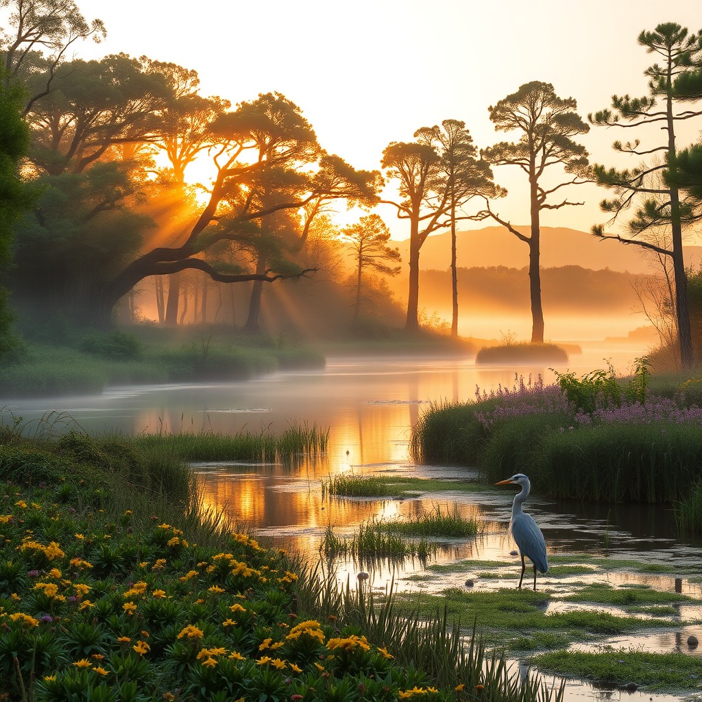 A serene sunrise at Natura Wildlife Refuge, where golden light filters through a misty canopy of ancient oaks and towering pines. A tranquil river meanders through lush wetlands, reflecting the soft pastel hues of dawn. Dense reeds and vibrant wildflowers fringe the water's edge, teeming with life. The air is crisp, carrying the earthy scent of damp moss and pine needles. Distant hills rise gently, cloaked in emerald foliage, while a heron stands motionless in the shallows. The palette blends warm ambers, cool blues, and deep greens, evoking a peaceful, untouched wilderness. Capture the scene in a photorealistic style with soft, diffused lighting and intricate detail.