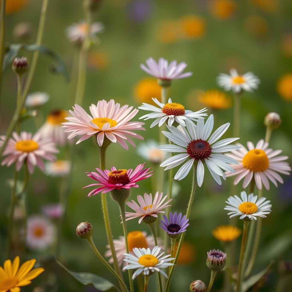 Photo-realistic editorial photography, realistic scene representing wildflowers